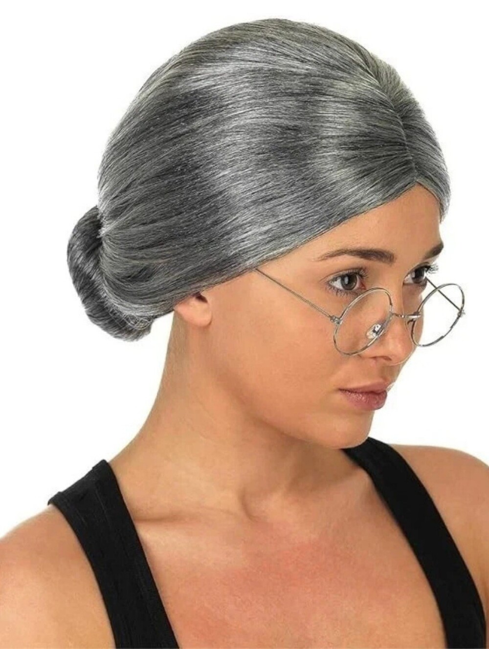 Grey Wig with Bun Elderly Old Lady Costume Theater Halloween Ms. Clause  NEW